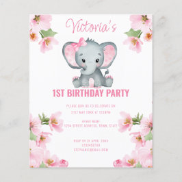 Lámina Invitación de primer cumpleaños de Elefante Floral