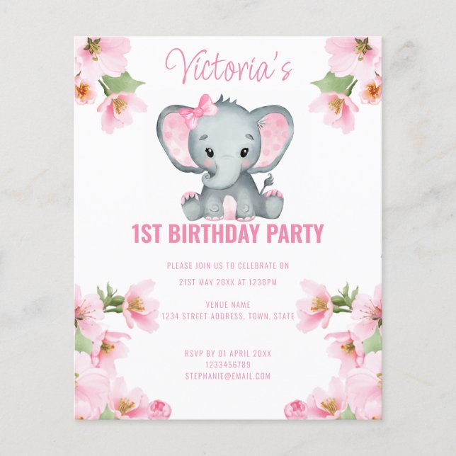 Lámina Invitación de primer cumpleaños de Elefante Floral (Anverso)