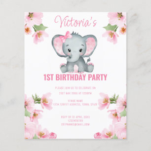Lámina Invitación de primer cumpleaños de Elefante Floral