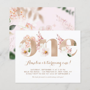 Lámina Invitación de primer cumpleaños de Pink Hydrangea