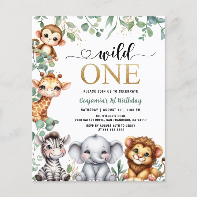 Lámina Invitación de primer cumpleaños para animales salv (Anverso)