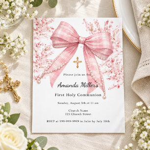 Lámina Invitación de Primera Comunión con flores y lazo r