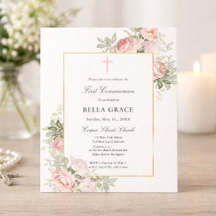 Lámina Invitación de Primera Comunión Floral de Rosa Rosa