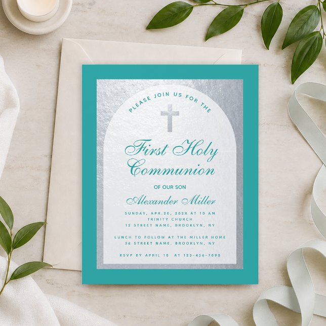 Lámina Invitación de Primera Comunión Teal Azul Plateada  (Subido por el creador)