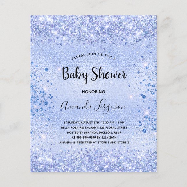Lámina Invitación de purpurina azul de Baby Shower de pre (Anverso)