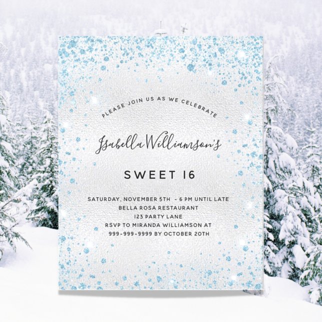 Lámina Invitación de purpurina azul plateado Sweet 16 (Subido por el creador)