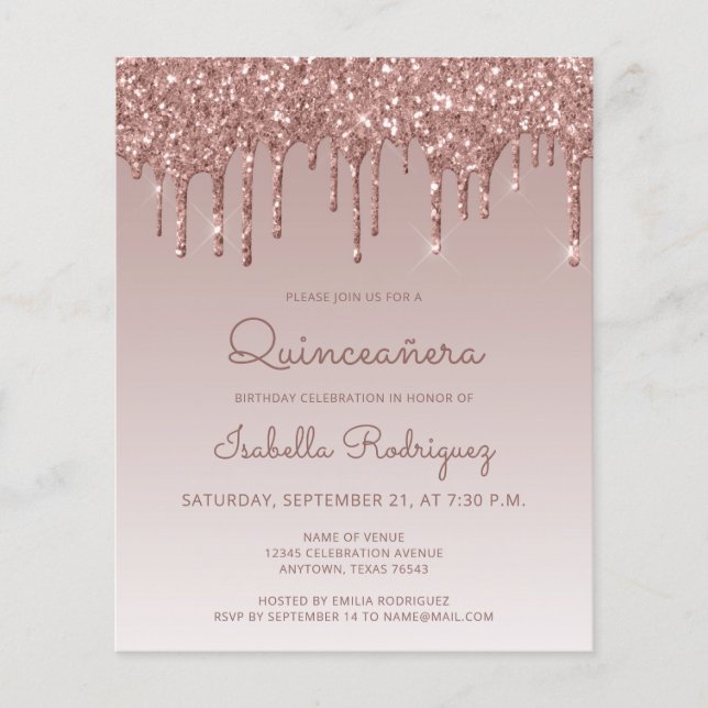 Lámina Invitación de Purpurina de oro Rosa de Quinceañera (Anverso)