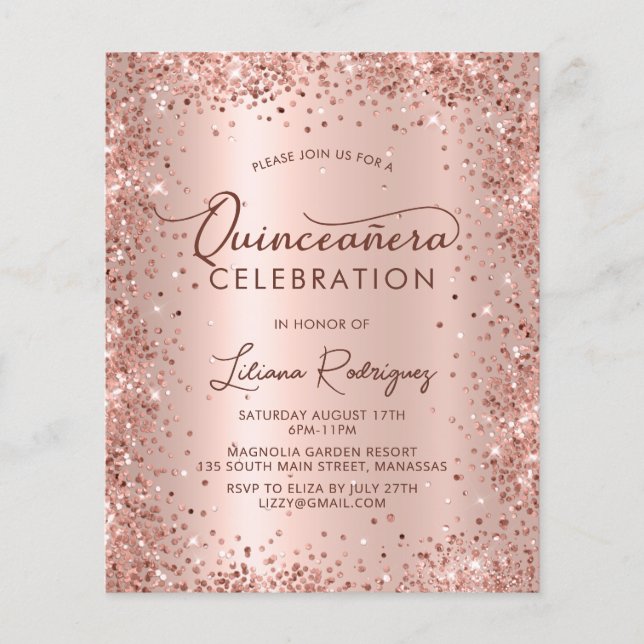 Lámina Invitación de Purpurina de oro Rosa Quinceanera Bu (Anverso)