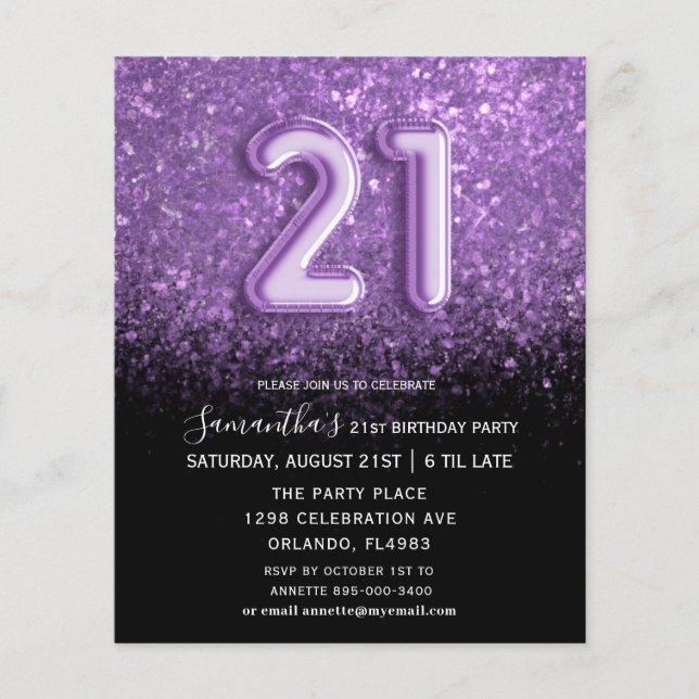 Lámina Invitación de Purpurina negro y morado por cumplea (Anverso)