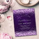 Lámina Invitación de purpurina púrpura de cumpleaños de p<br><div class="desc">Una invitación moderna, elegante y glamurosa para una fiesta de cumpleaños número 21 (o cualquier edad). Fondo de color violeta profundo con polvo falso purpurina rosado. El color púrpura es desigual. El nombre está escrito con una escritura de estilo con letras a mano moderna. Personalice y agregue los detalles de...</div>