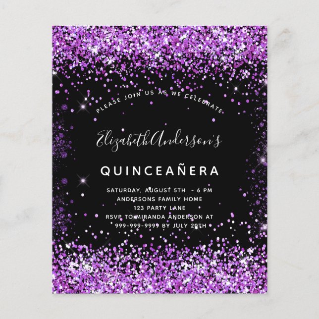 Lámina Invitación de purpurina púrpura negro de Quinceane (Anverso)