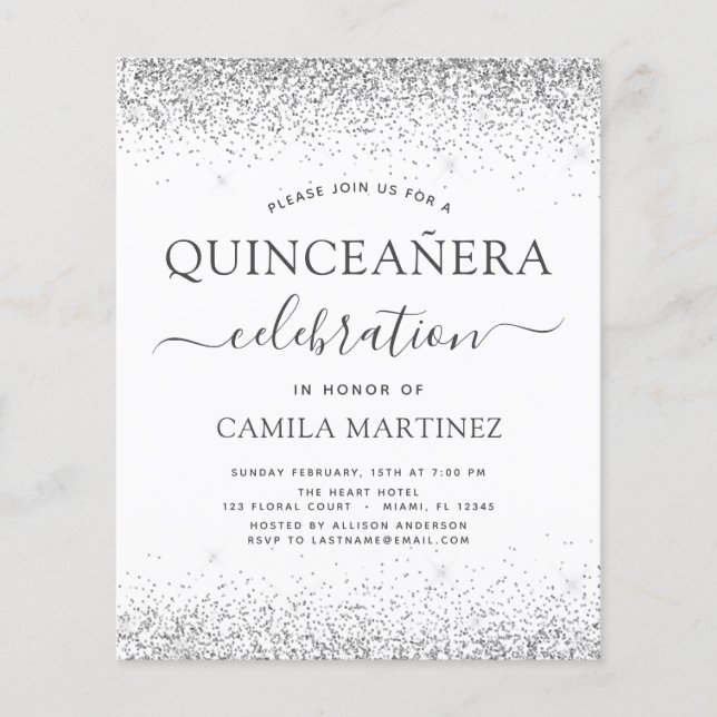 Lámina Invitación de Purpurina Quinceanera White Silver p (Anverso)