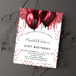 Lámina Invitación de purpurina rojo blanco para cumpleaño<br><div class="desc">Para un elegante cumpleaños número 21 (o cualquier edad). Un elegante fondo blanco. Decorada con purpurinas y globos falsos rojos. Personalice y agregue un nombre,  edad y detalles del fiesta. El nombre se escribe con un guión de estilo con letras a mano</div>