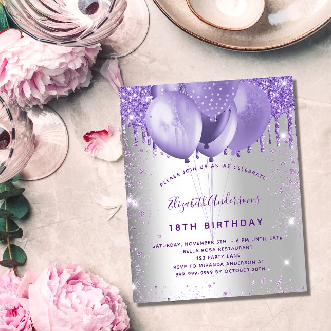 Lámina Invitación de purpurina violeta de plata para cump (Subido por el creador)