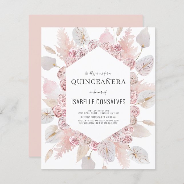 Lámina Invitación de QUINCEAÑERA al agua con Boho económi (Anverso / Reverso)