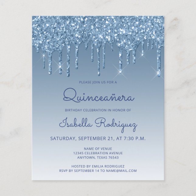 Lámina Invitación de Quinceañera con Brillo Azul Presupue (Anverso)