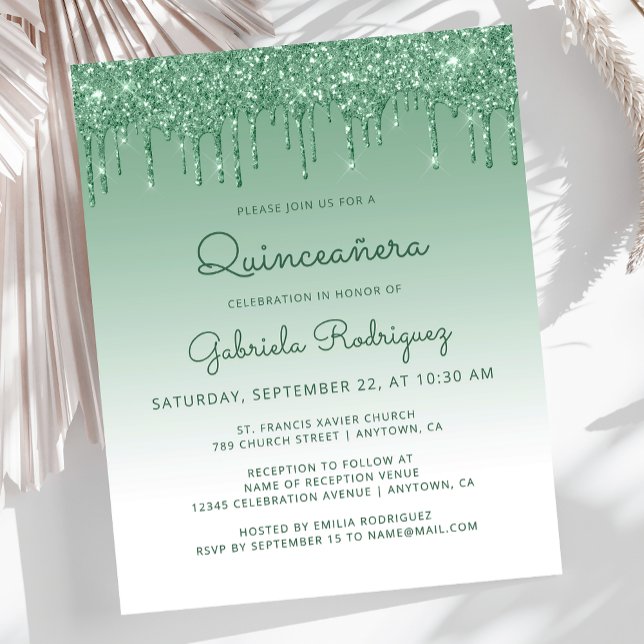 Lámina Invitación de quinceañera con brillo verde de pres (Subido por el creador)