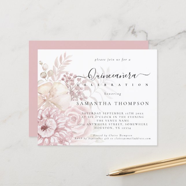 Lámina Invitación de Quinceañera con flores rosadas polvo (Anverso/Reverso In Situ)