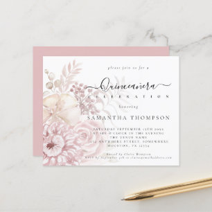 Lámina Invitación de Quinceañera con flores rosadas polvo