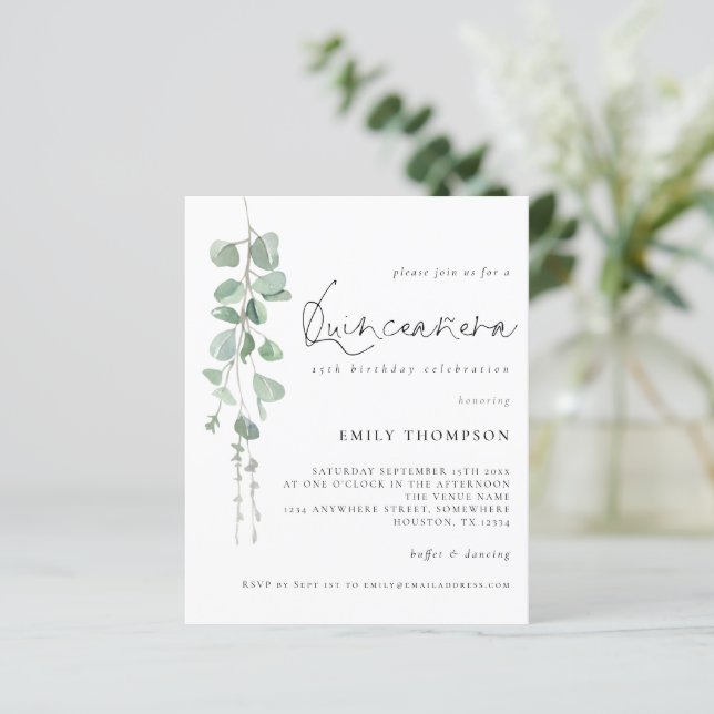Lámina Invitación de Quinceañera con fuente de Eucalipto  (Anverso de pie)
