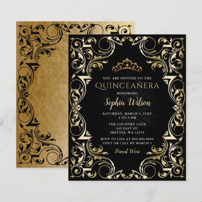 Lámina Invitación de Quinceañera de oro negro de presupue (Anverso / Reverso)