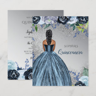 Lámina Invitación de Quinceañera de vestido de brillo azu