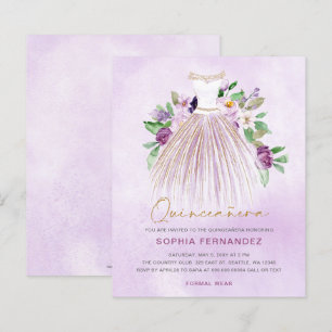Lámina Invitación de Quinceañera de vestido morado dorado