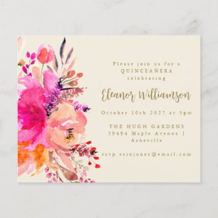 Lámina Invitación de QUINCEAÑERA floral de acuarela rosa