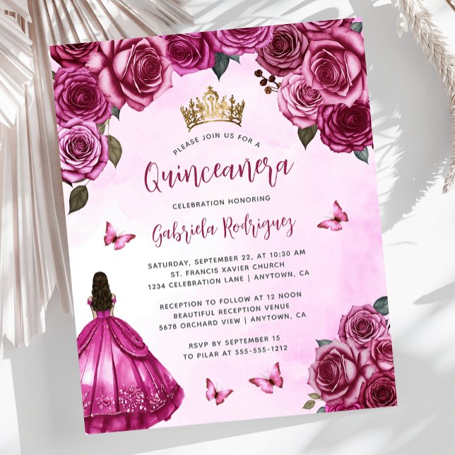 Lámina Invitación de Quinceañera floral rosa de Fuchsia (Subido por el creador)