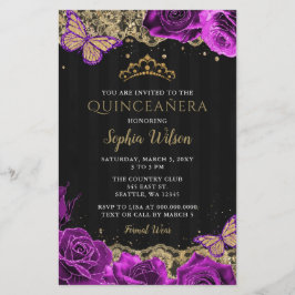 Lámina Invitación de Quinceañera Negra para Rosas Púrpura