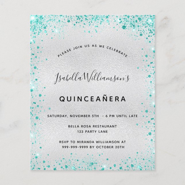 Lámina Invitación de Quinceañera plateada con brillo teal (Anverso)