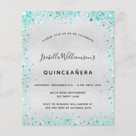 Lámina Invitación de Quinceañera plateada con brillo teal