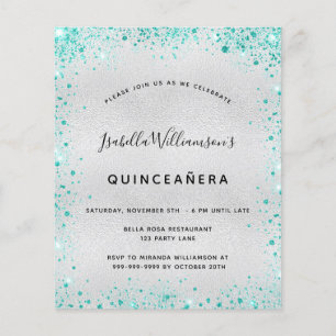 Lámina Invitación de Quinceañera plateada con brillo teal