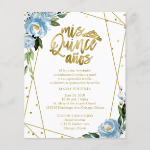 Lámina Invitación de Quinceañera Presupuesto Floral Azul 