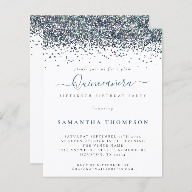 Lámina Invitación de Quinceañera, Purpurina azul de Peaco (Anverso / Reverso)