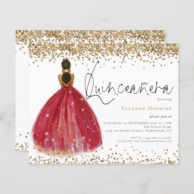 Lámina Invitación de Quinceanera, Purpurina de presupuest (Anverso / Reverso)