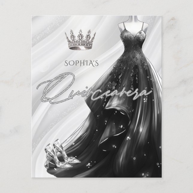 Lámina Invitación de Quinceañera, Purpurina negro de pres (Anverso)