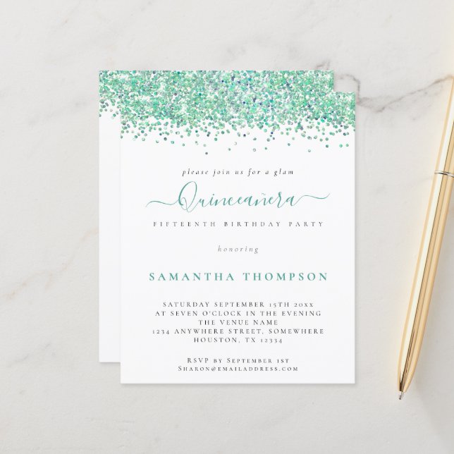Lámina Invitación de Quinceañera, Purpurina Verde azulado (Anverso/Reverso In Situ)