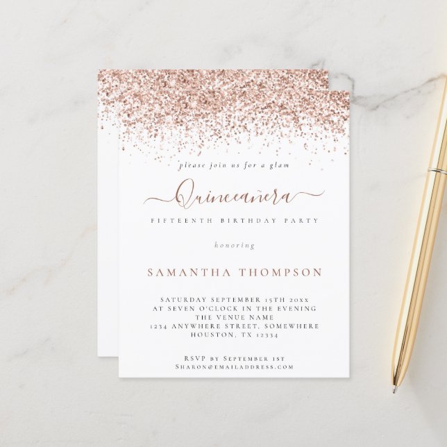 Lámina Invitación de Quinceañera, Rosa de presupuesto Pur (Anverso/Reverso In Situ)
