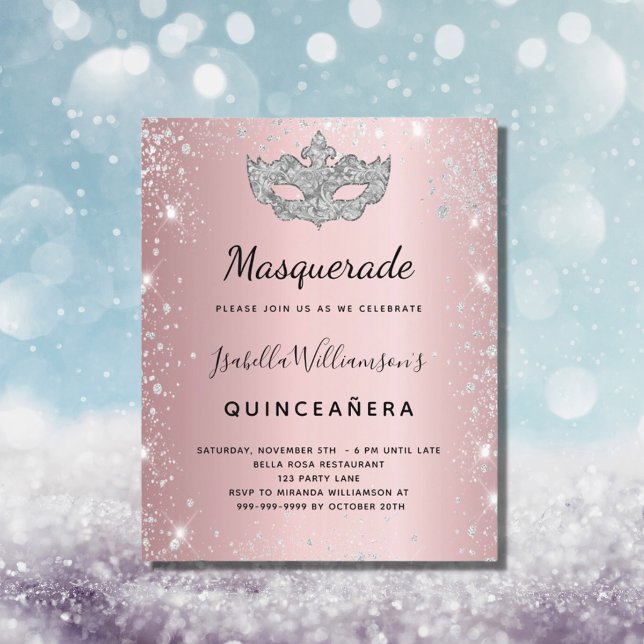 Lámina Invitación de Quinceañera rosa plateada de máscara (Subido por el creador)