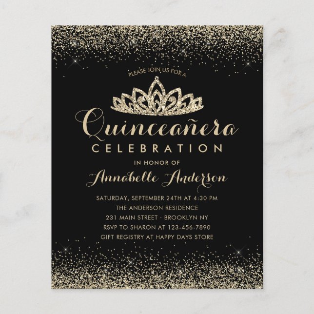 Lámina Invitación de Quinceañera Tiara de Oro Negro (Anverso)