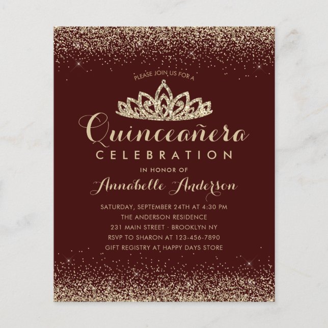 Lámina Invitación de Quinceañera Tiara de Oro Rojo de Bor (Anverso)