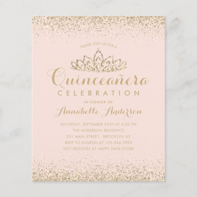 Lámina Invitación de Quinceañera Tiara de Oro Rosado de R (Anverso)