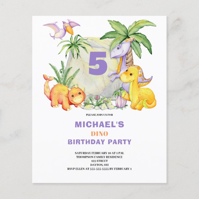 Lámina Invitación de quinto cumpleaños a Dinosaurio con p (Anverso)