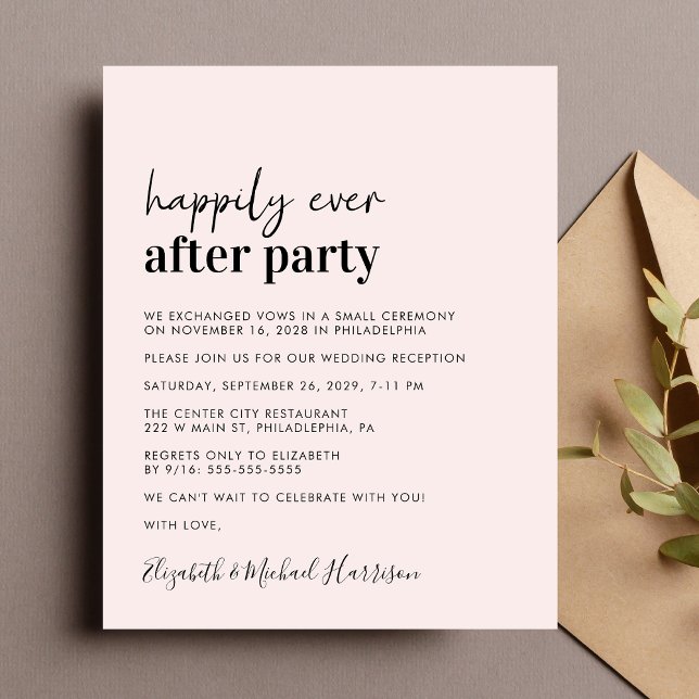 Lámina Invitación de recepción de boda rosada con presupu (A chic budget-friendly Happily Ever After Party invitation for your wedding celebration)