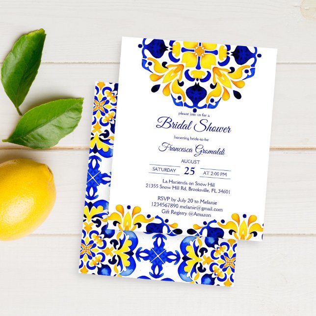 Lámina invitación de regadera de boda con baldosas azules (Talavera azulejo Maiolica blue tiles Mediterranean Mexican bridal shower affordable budget invite )