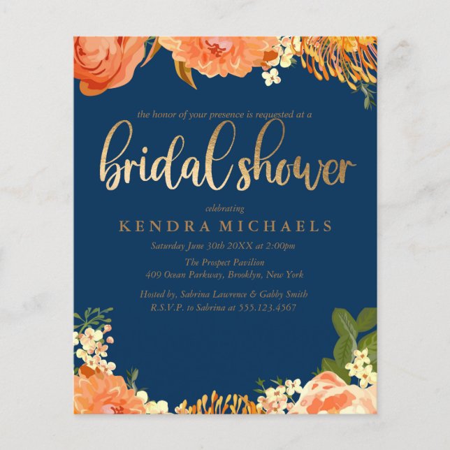 Lámina Invitación de Regadera de Boda floral Azul Marino  (Anverso)