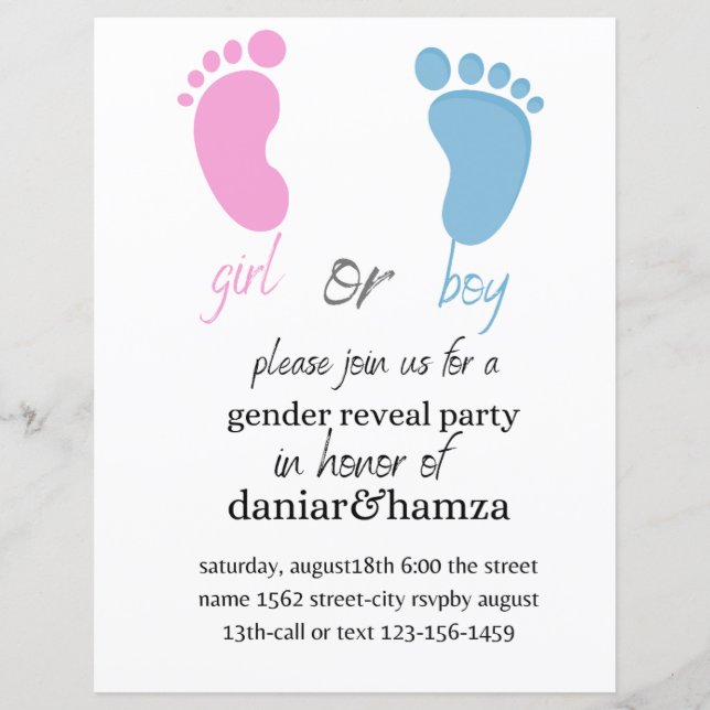 Lámina invitación de revelación de género, niño o chica,  (Anverso)