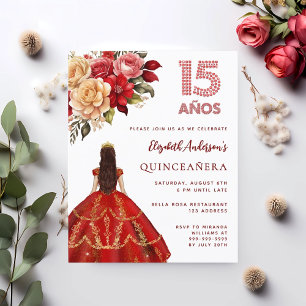 Lámina Invitación de rosas de vestidos de oro rojo de Qui