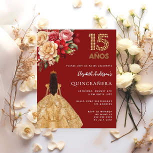 Lámina Invitación de rosas florales con traje de oro rojo